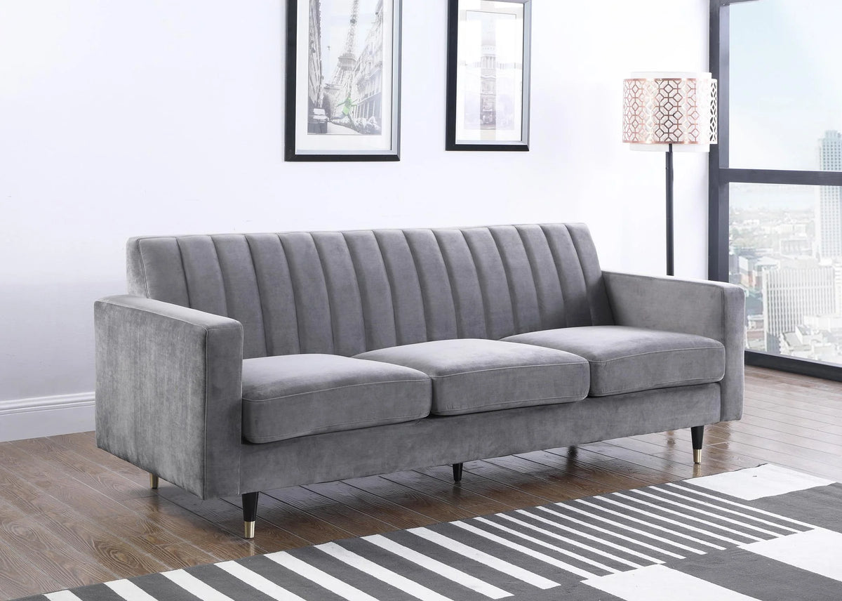Grey Velvet Channel Tufting Sofa Set 2Pcs X7155
