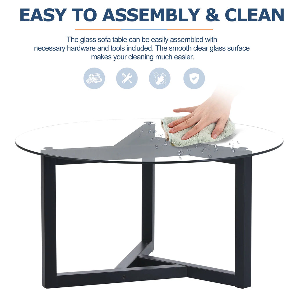 Round Glass Coffee Table with Tempered Glass Top & Wood Base I312