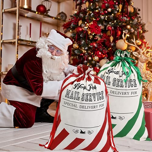 2 Pack Christmas Stripe Canvas Santa Sack with Drawstring C4036