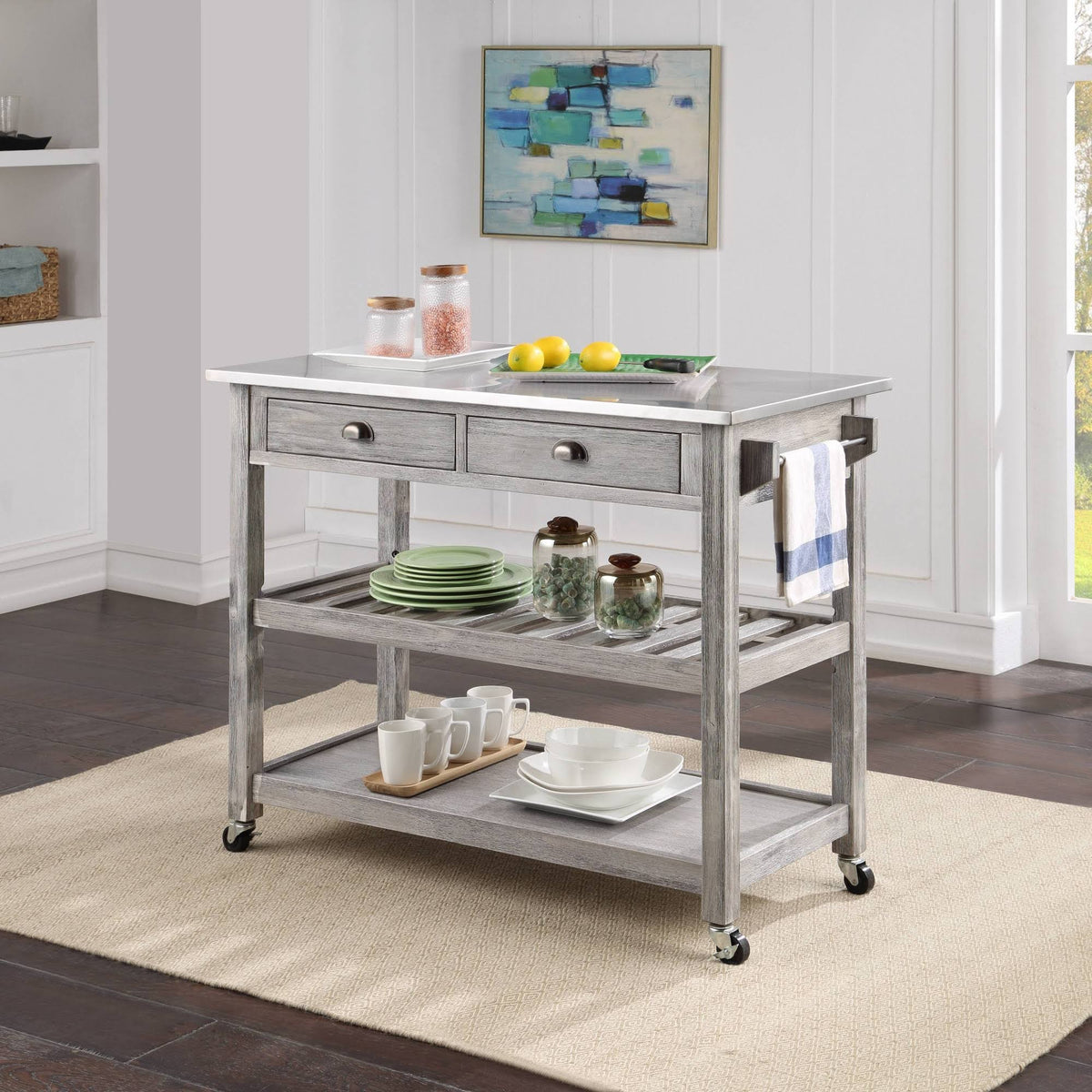 Storm Gray Wire-Brush Kitchen Cart with Stainless Steel Top U761