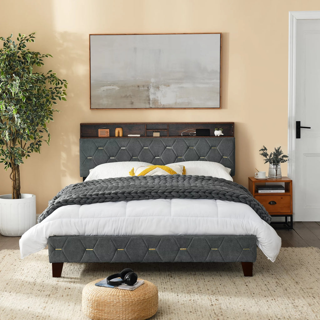 Queen Size Upholstered Platform Bed with Shelf F665702