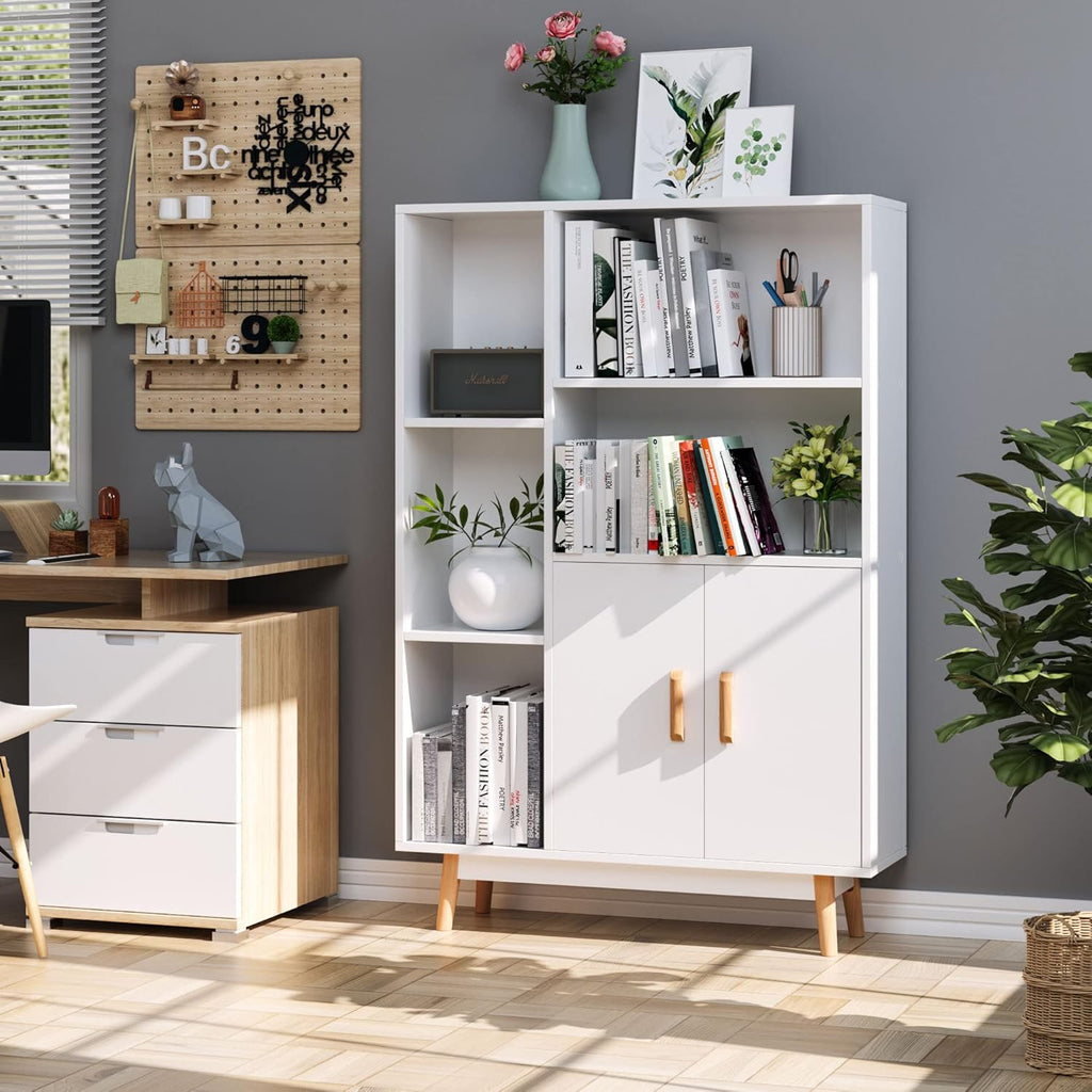 White 2-Tier Bookshelf with 2 Doors 3 Cubes T7537