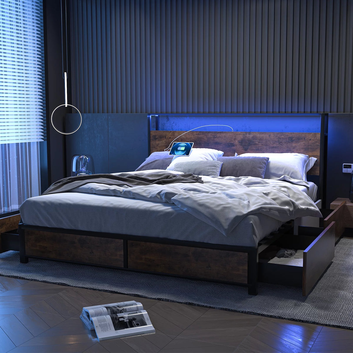 Queen Size LED Platform Bed Frame with 2 USB Ports and 4 Storage Drawers I82882