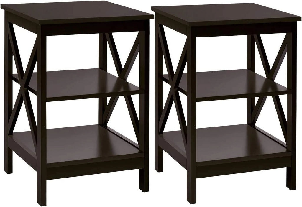 3-Tier Nightstand Set of 2 Wooden Side Table with Storage Shelf Y109