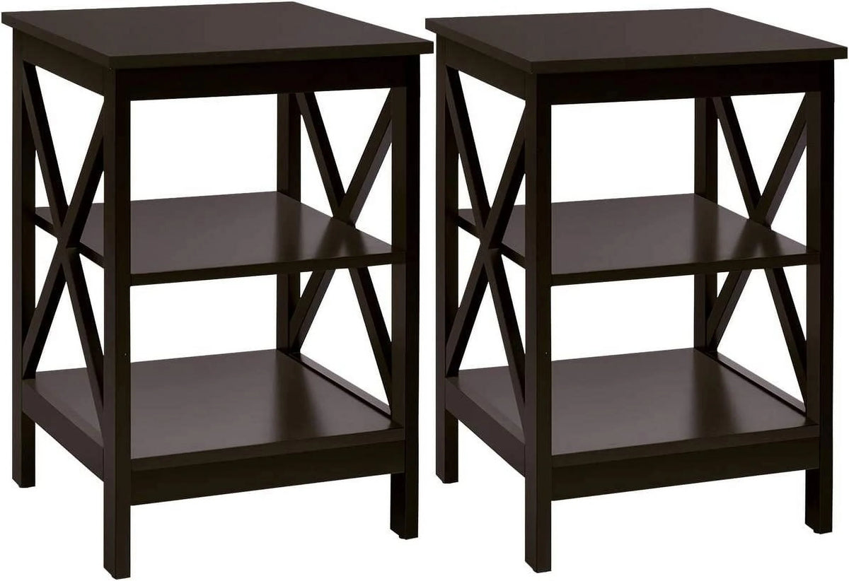 3-Tier Nightstand Set of 2 Wooden Side Table with Storage Shelf Y109