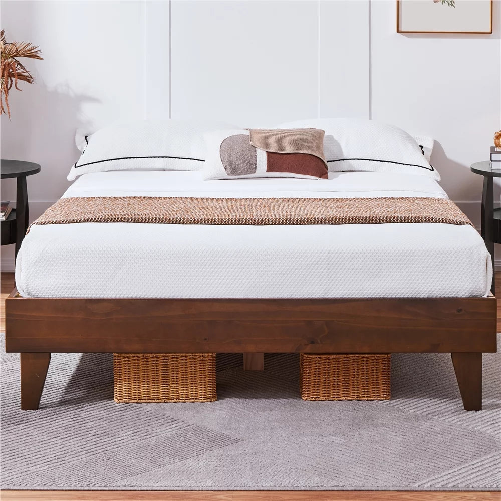 Queen Smoked Walnut Platform Bed Frame with Wood Slat Support N365479