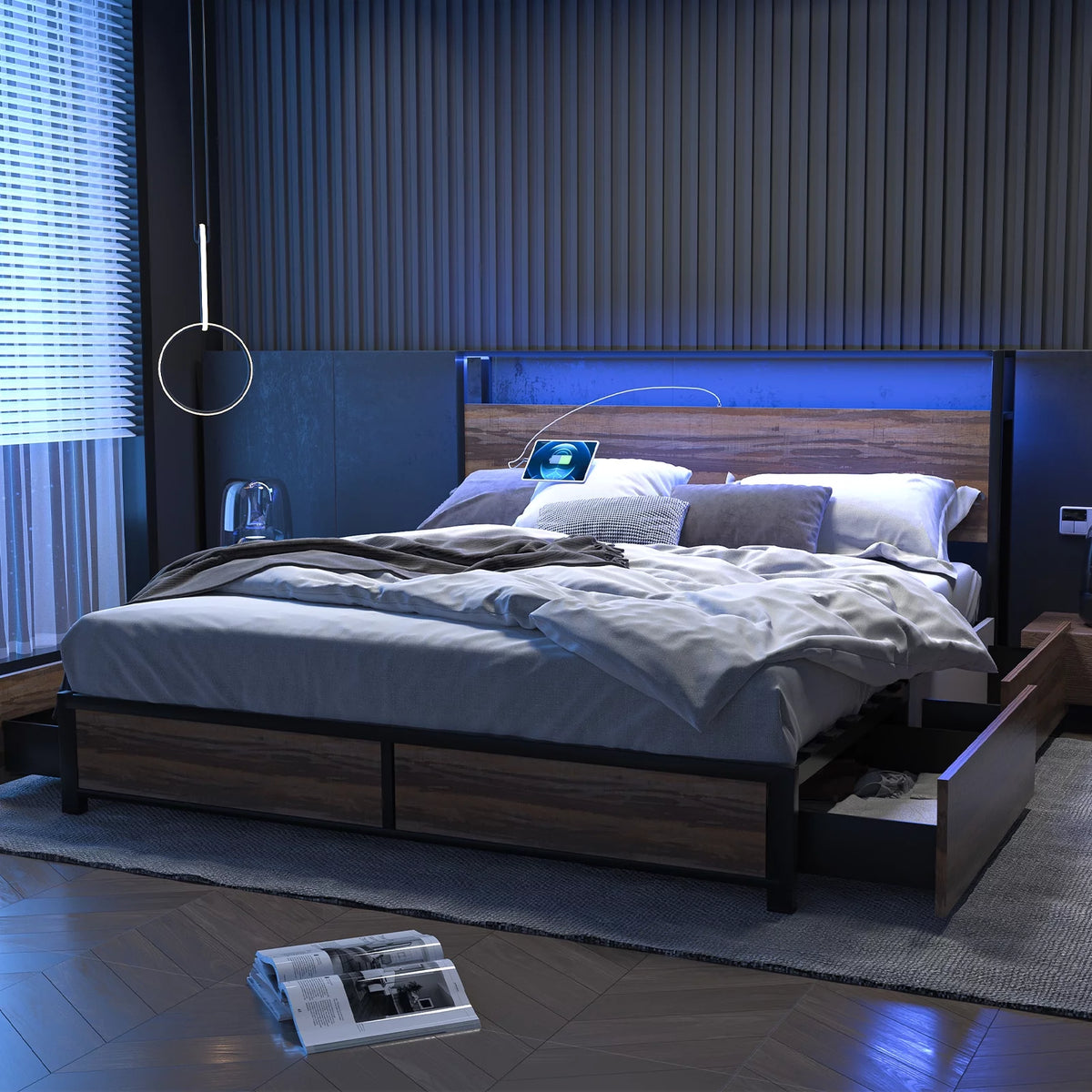 Queen Size LED Platform Bed Frame with 2 USB Ports and 4 Storage Drawers I82882
