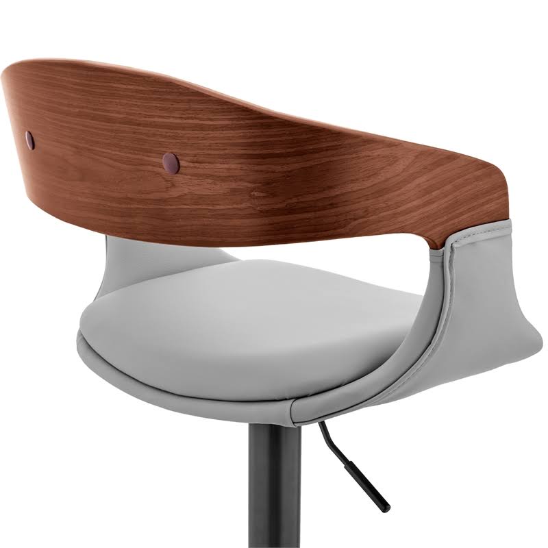 Gray Faux Leather and Walnut Wood Bar Stool with Black Base O10203