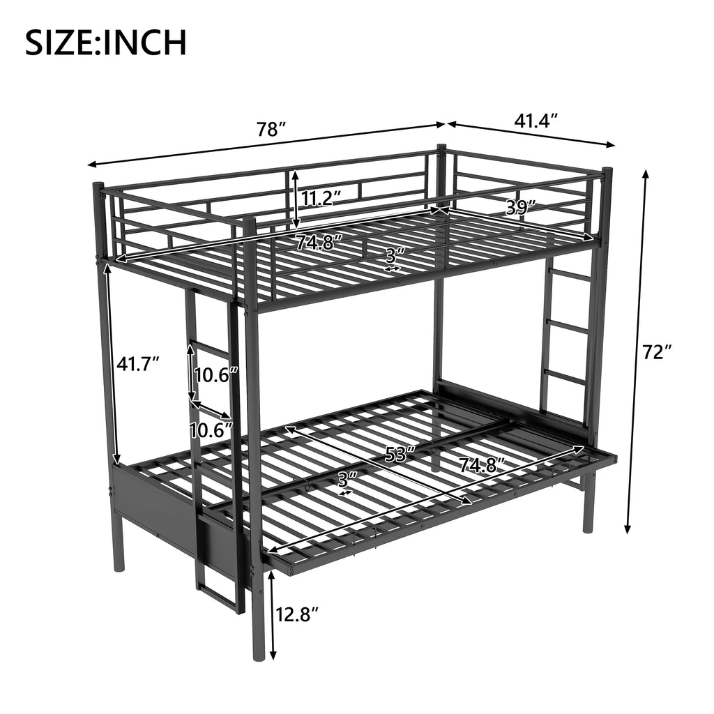 Black Twin Size Metal Loft Bed with Convertible Lower Bed P7135