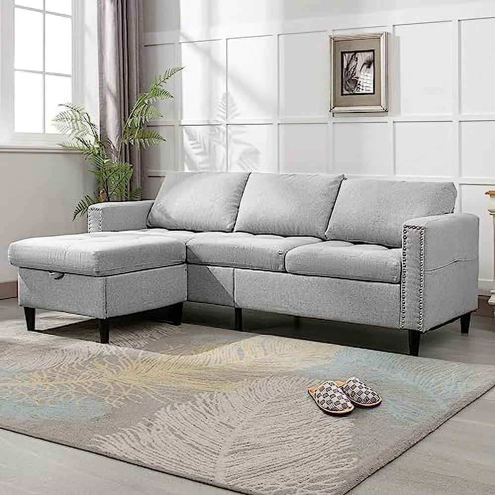 Reversible 3 Seat L Shaped Sectional Sofa Bed with Ottoman Chaise Beige H340