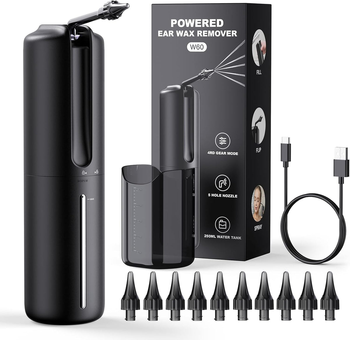 Ear Wax Removal Electric Ear Irrigation Flushing System Water Powered Ear Cleaner with 4 Pressure Modes USB Rechargeable W857633