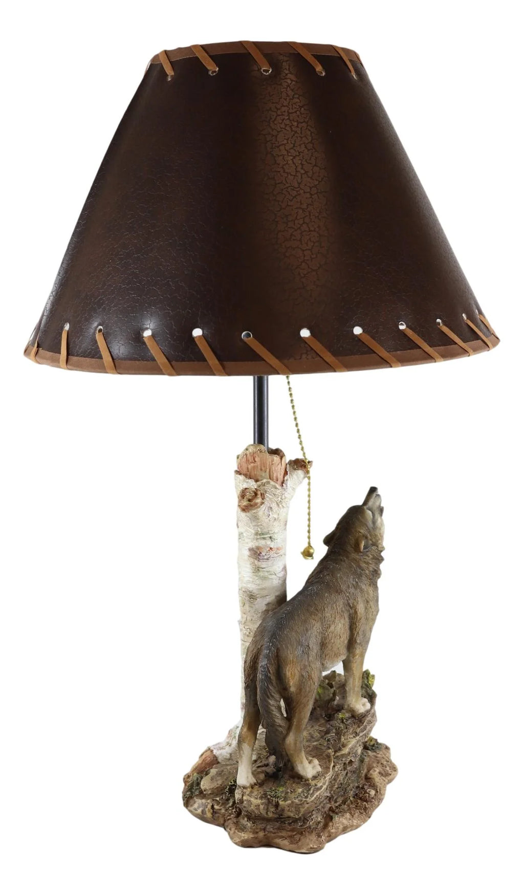 Grey Wolf Howling Birchwood Tree Table Lamp With Laced Shade W9165