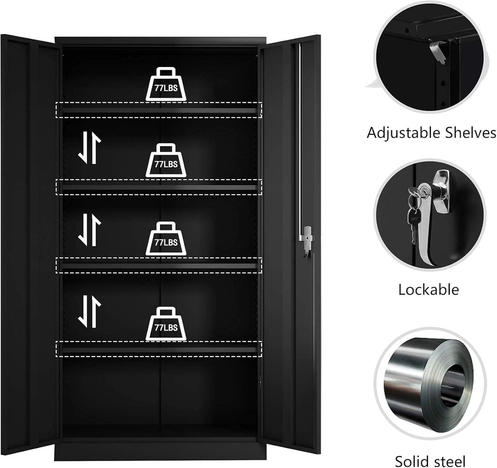 Black Metal Storage Cabinet with 4 Adjustable Shelves W5035