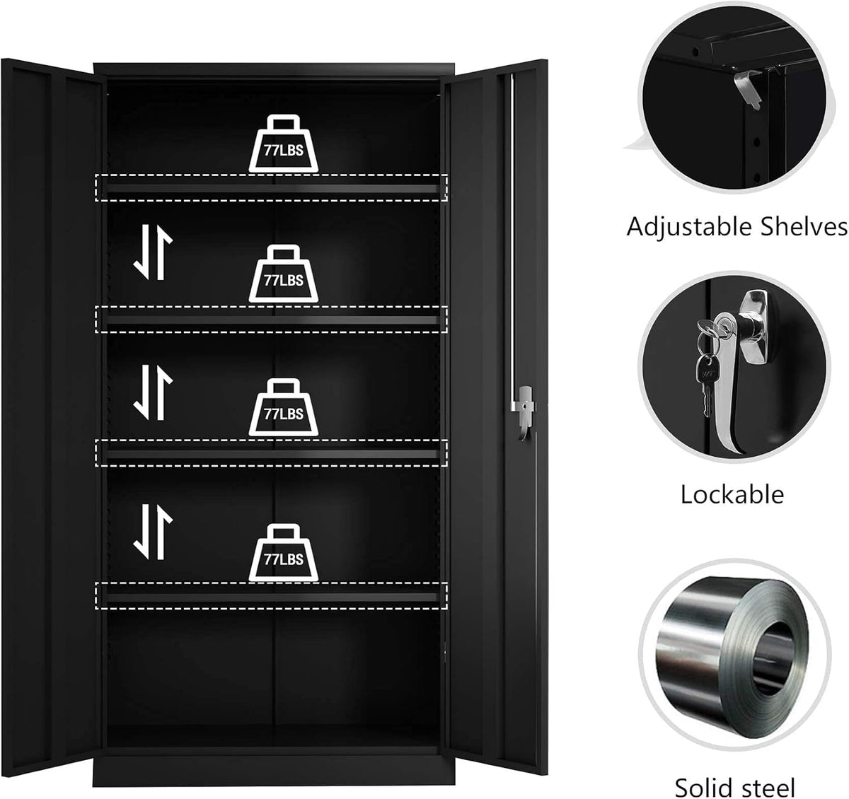 Black Metal Storage Cabinet with 4 Adjustable Shelves W5035
