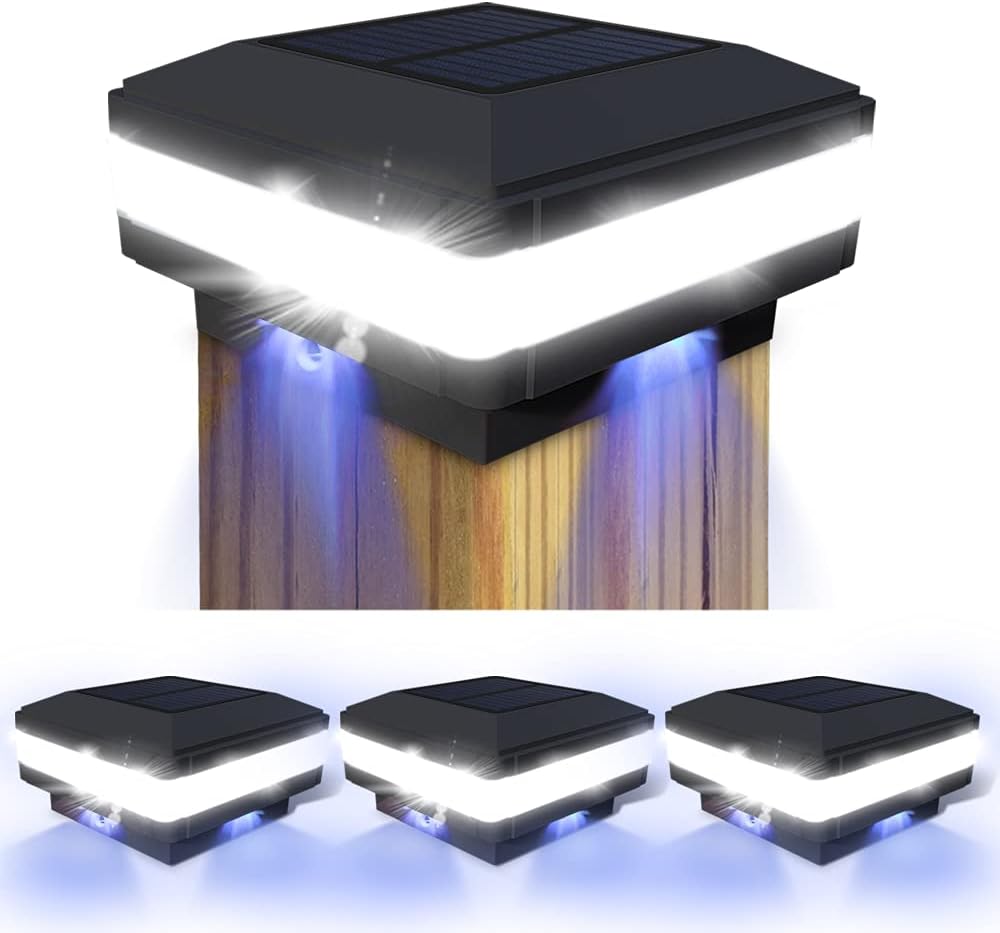 Solar Post Cap Lights, Outdoor Waterproof LED Fence Light Dusk to Dawn Fits 3.5x3.5 4x4 5x5 6x6 Wooden Posts, 4 Pack D15879