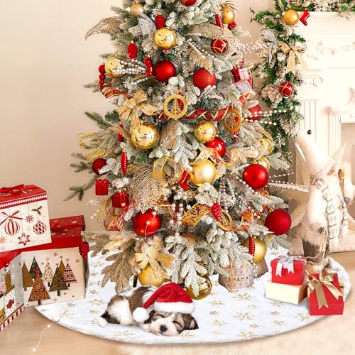 Christmas Tree Skirt 36 Inch Plush Gold Sequin Snowflake V619