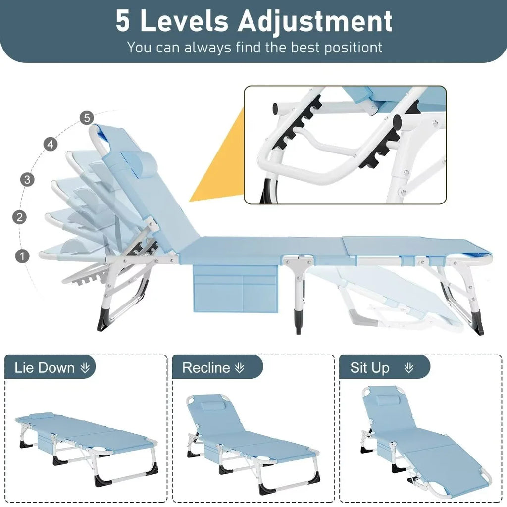 Adjustable 5-Position Folding Chaise Lounge Chair with Mattress and Pillow V467120