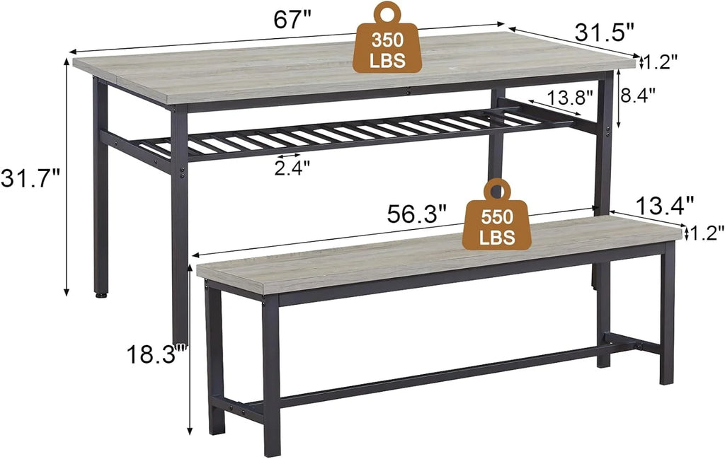 67" Dining Table Set for 6 with 2 Benches T3986