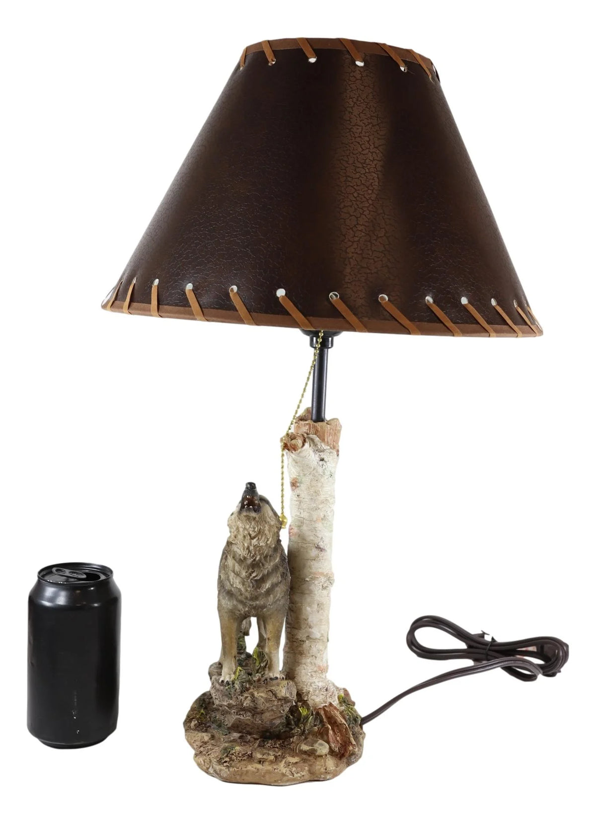 Grey Wolf Howling Birchwood Tree Table Lamp With Laced Shade W9165