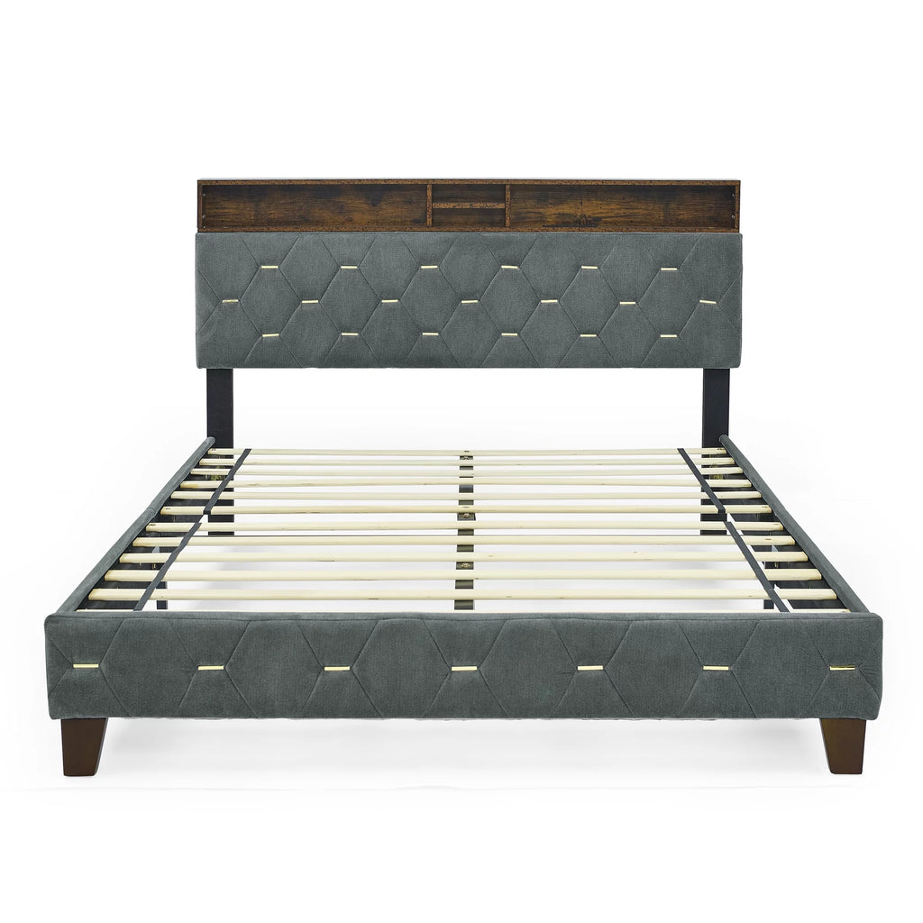Queen Size Upholstered Platform Bed with Shelf F665702