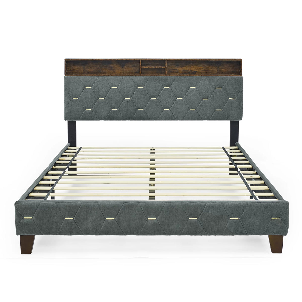 Queen Size Upholstered Platform Bed with Shelf F665702