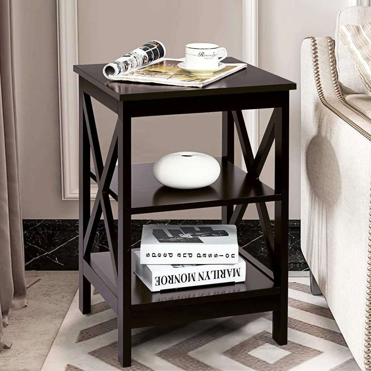 3-Tier Nightstand Set of 2 Wooden Side Table with Storage Shelf Y109