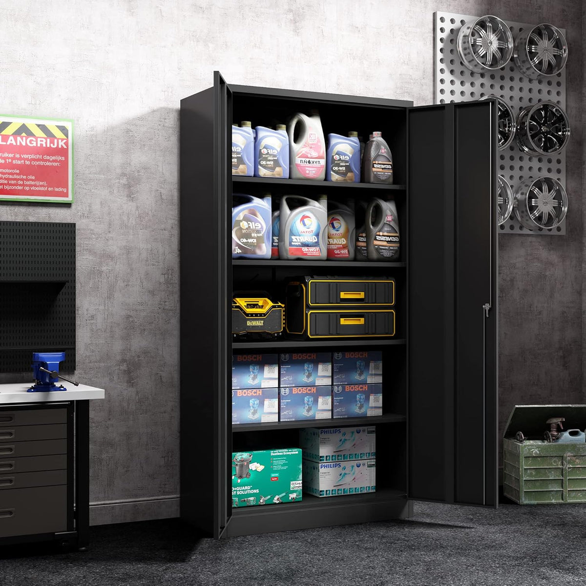 Black Metal Storage Cabinet with 4 Adjustable Shelves W5035