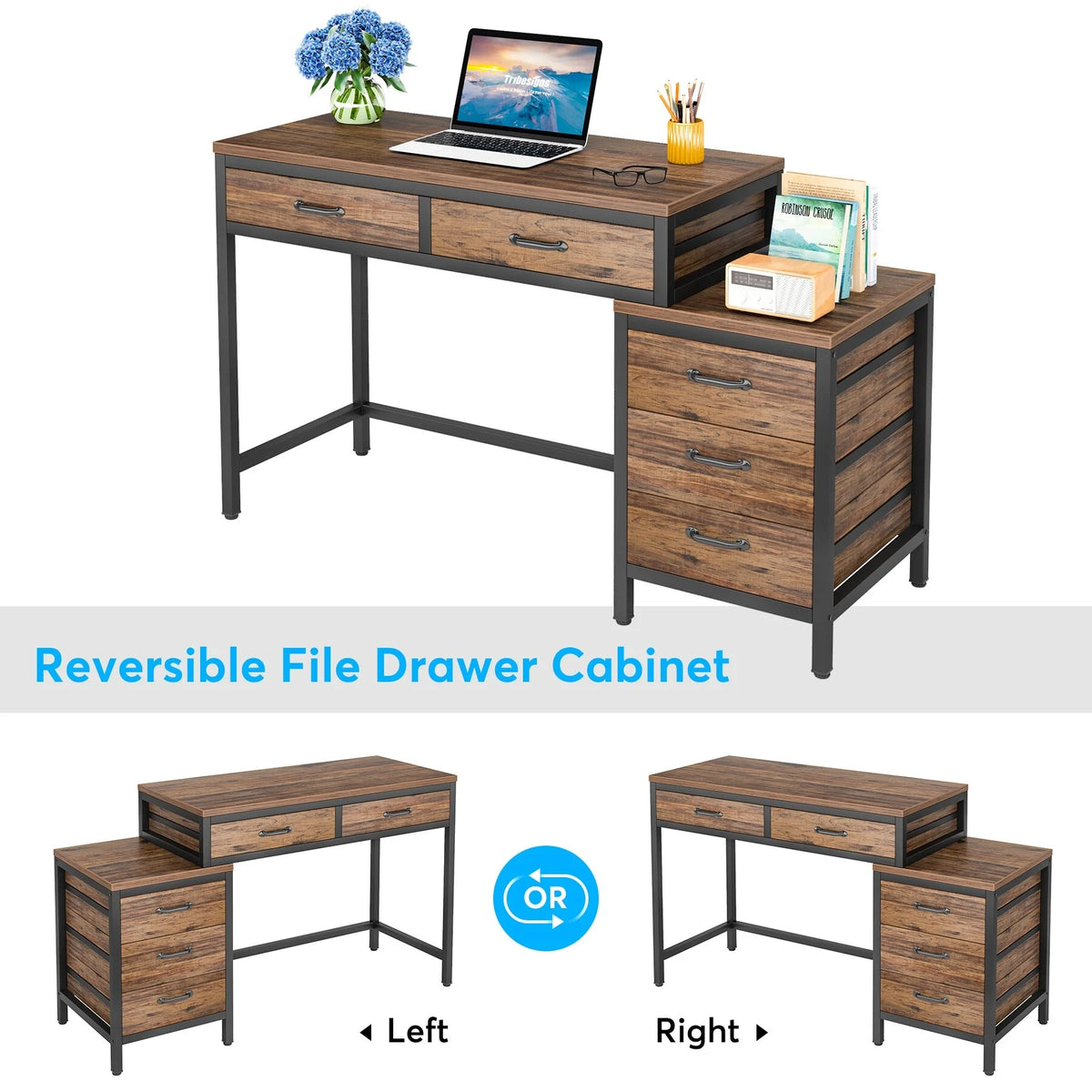Rustic Brown Reversible Computer Desk with 5 Drawers K559699