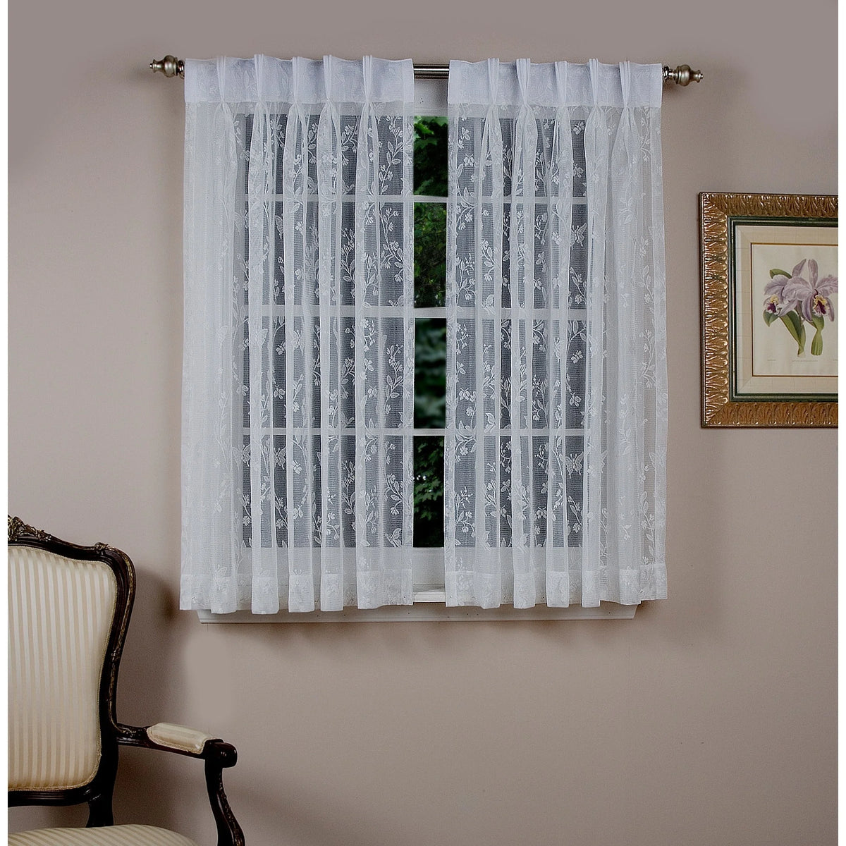 Ivory Lace Pinch Pleated Short Curtain Pair 52"w x 36"l T19902
