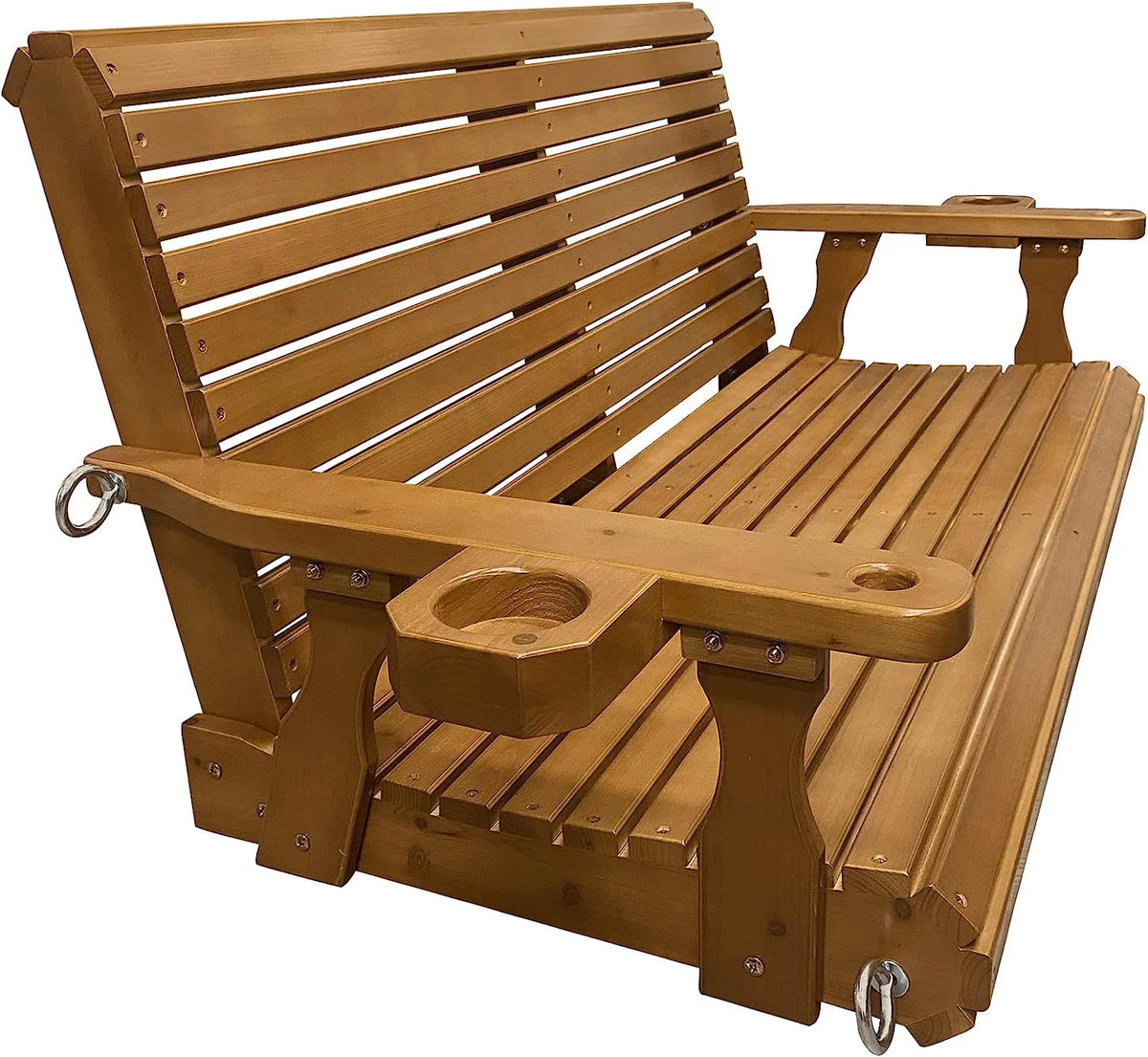 Brown 2 Seater Wooden Porch Swing with Cupholders O384055