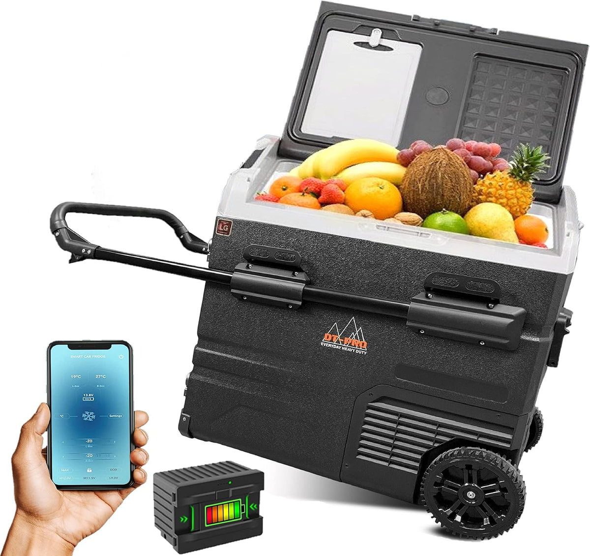 Portable Battery Operated Camping Fridge with Wheels, Dual Zone Freezer F573