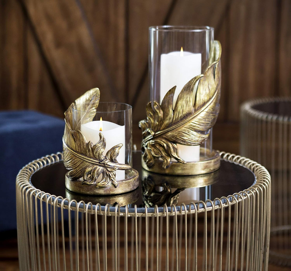 Metallic Gold Feather Candle Holder with Hurricane Glass T148