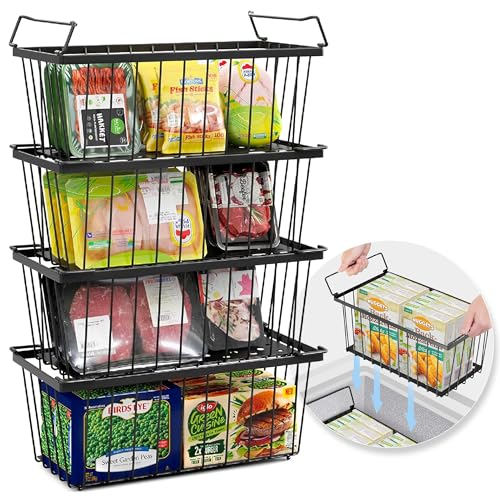 4 Pack Stackable Freezer Organizer Bins with Handles (Black) U4404
