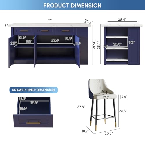 72'' White Kitchen Island with 3 Drawers D280