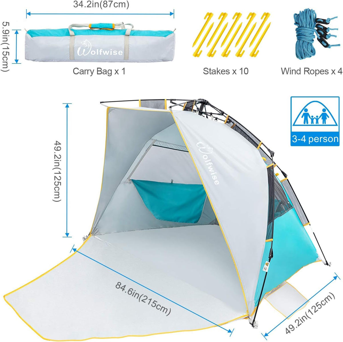 3-4 Person UPF 50+ Portable Beach Tent with Porch J1182