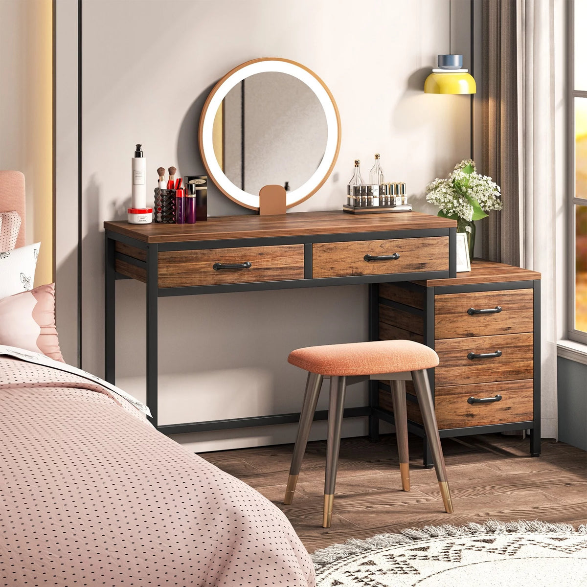 Rustic Brown Reversible Computer Desk with 5 Drawers K559699