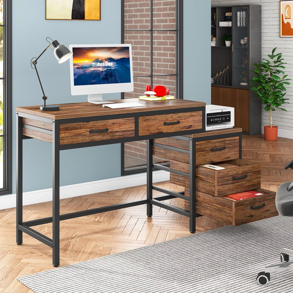 Rustic Brown Reversible Computer Desk with 5 Drawers K559699