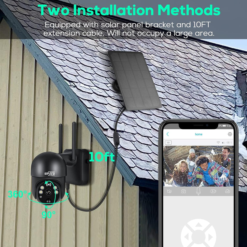 Solar Panel Security Surveillance Camera Outdoor Wireless 2.4g WiFi 360° PTZ Battery Spotlight Color 1080p Night Vision PIR Motion Detection 2-Way Audio Siren SD Cloud Storage IP65 Waterproof N97263