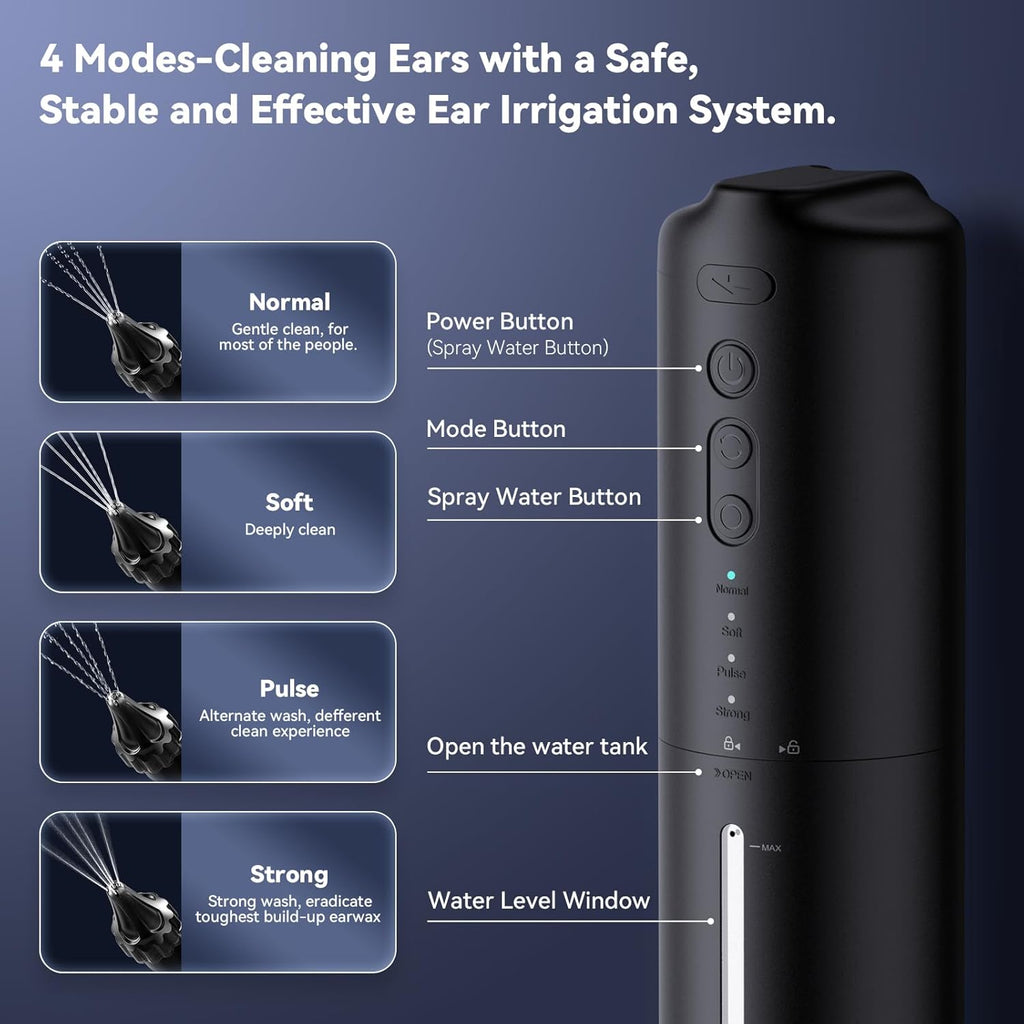 Ear Wax Removal Electric Ear Irrigation Flushing System Water Powered Ear Cleaner with 4 Pressure Modes USB Rechargeable W857633