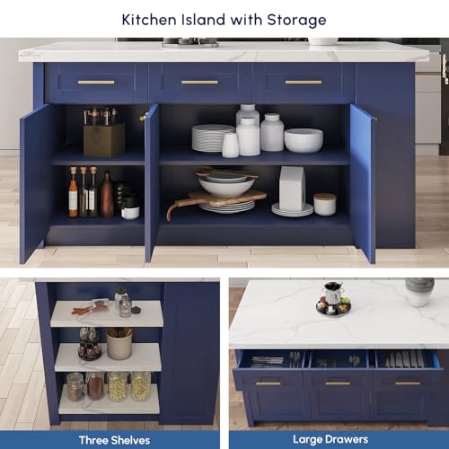 72'' White Kitchen Island with 3 Drawers D280
