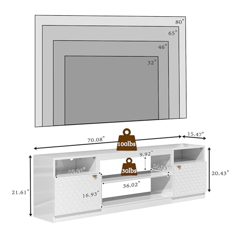 70" High Gloss White TV Stand with Two Doors and Storage Cabinets Y106