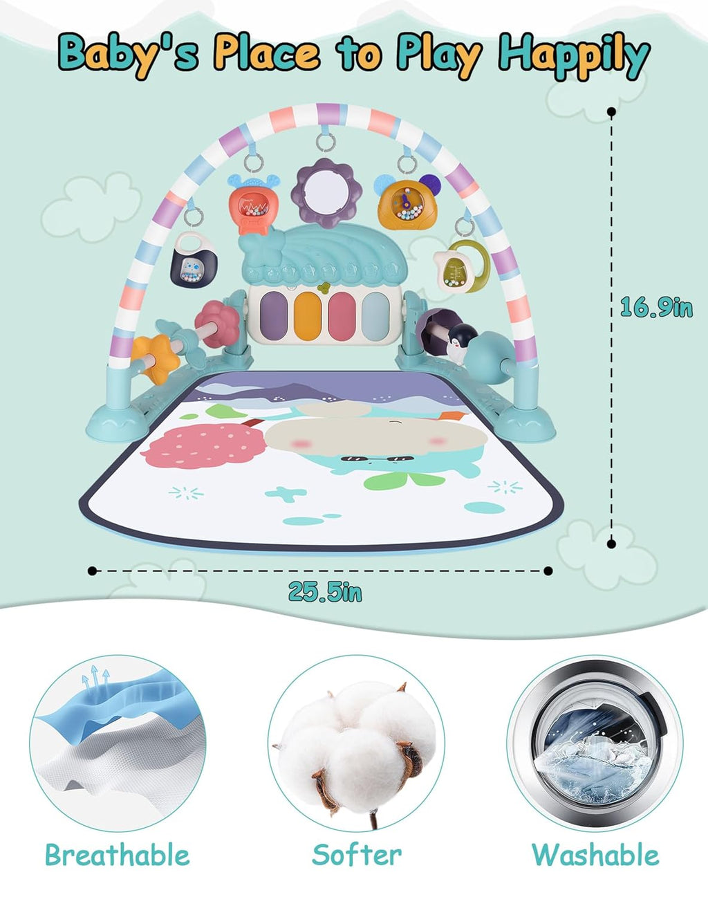 Blue Foldable Tummy Time Play Mat with Piano Gym G92890
