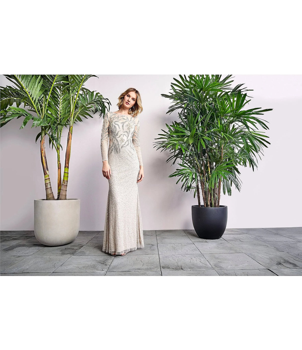 Embellished Illusion Gown - Ivory/Silver K70205
