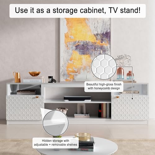70" High Gloss White TV Stand with Two Doors and Storage Cabinets Y106