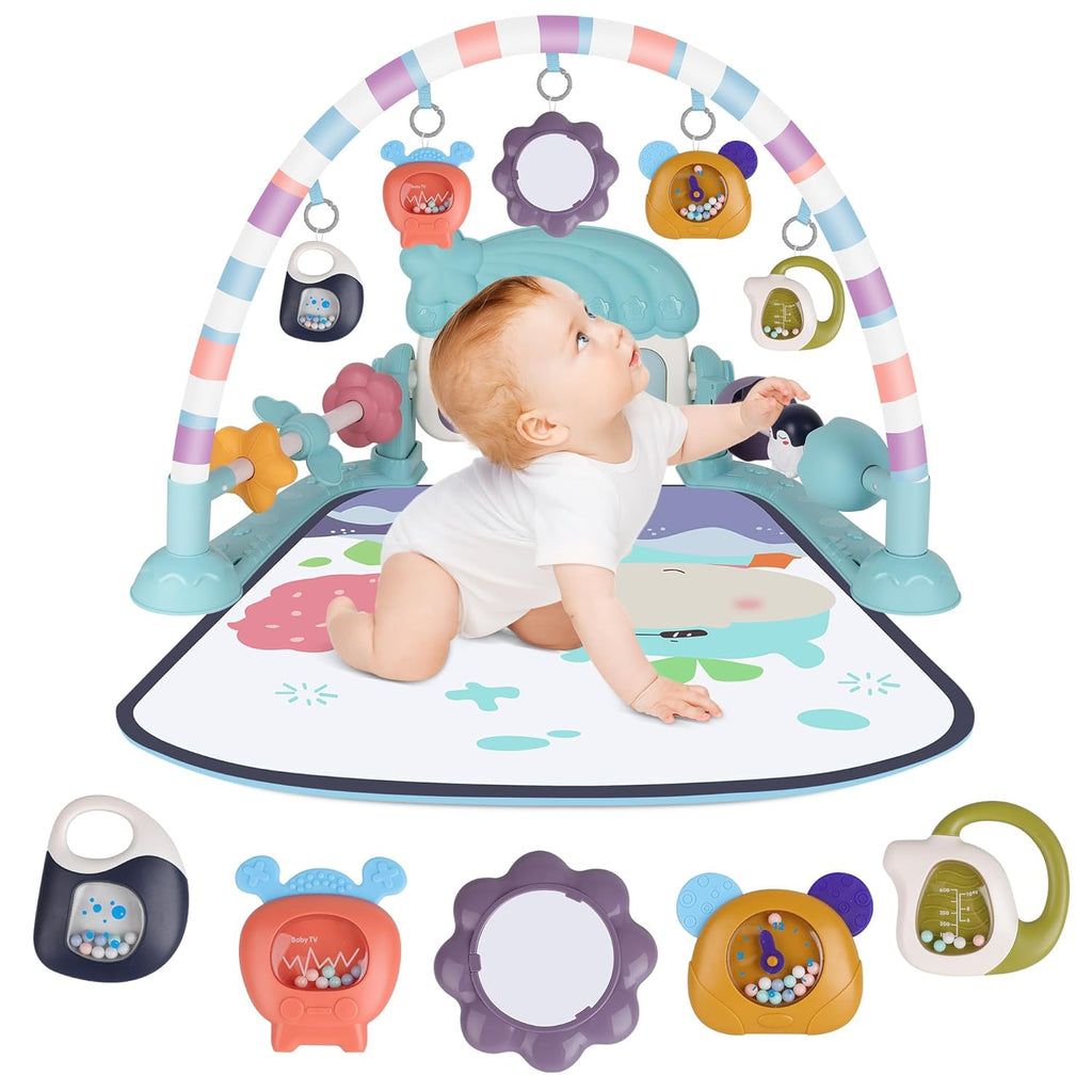 Blue Foldable Tummy Time Play Mat with Piano Gym G92890