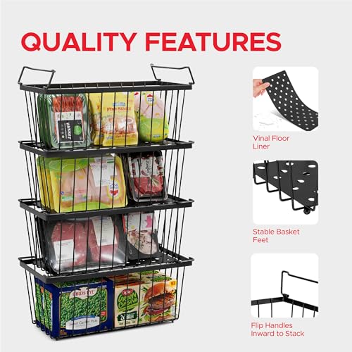 4 Pack Stackable Freezer Organizer Bins with Handles (Black) U4404