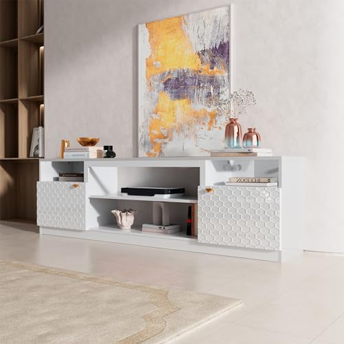 70" High Gloss White TV Stand with Two Doors and Storage Cabinets Y106