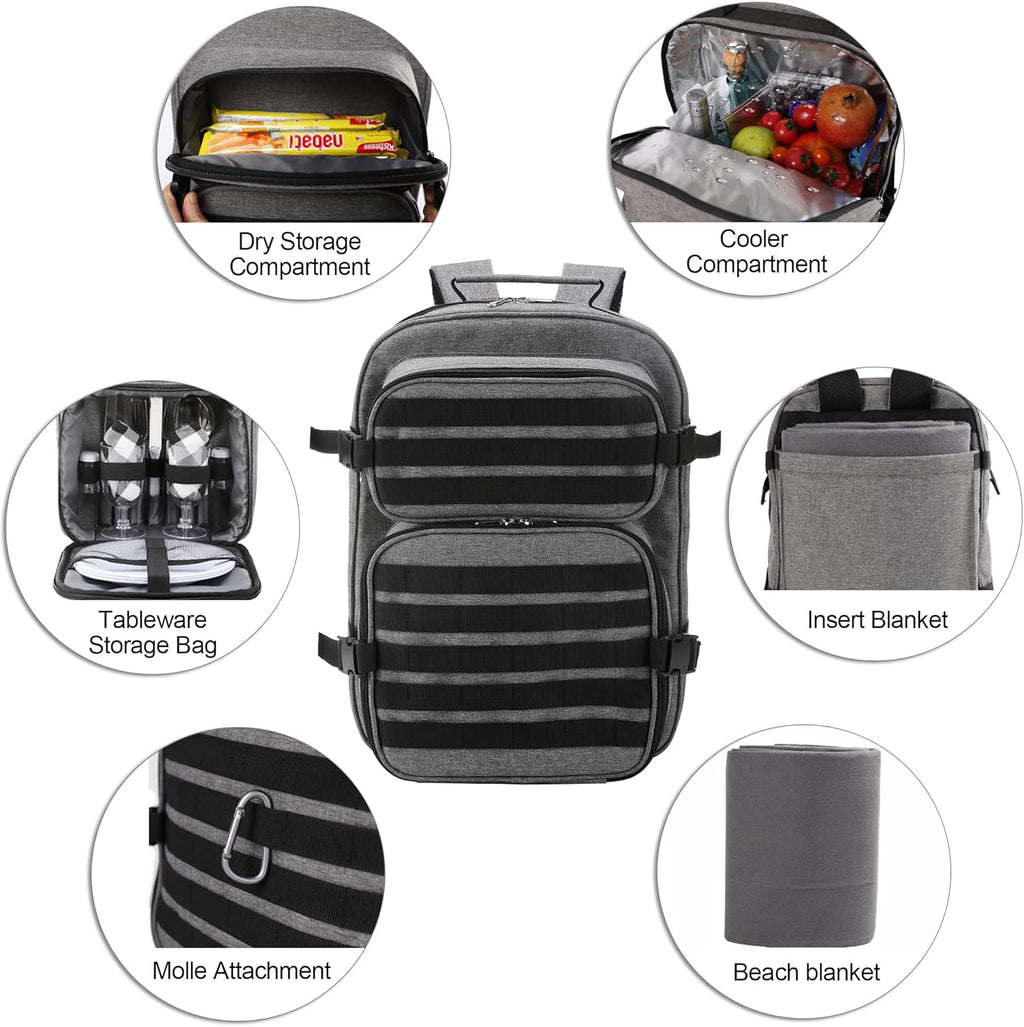 Picnic Backpack Cooler Bag for 2 Person Set with Insulated Compartment, Fleece Blanket, Cutlery Set N422