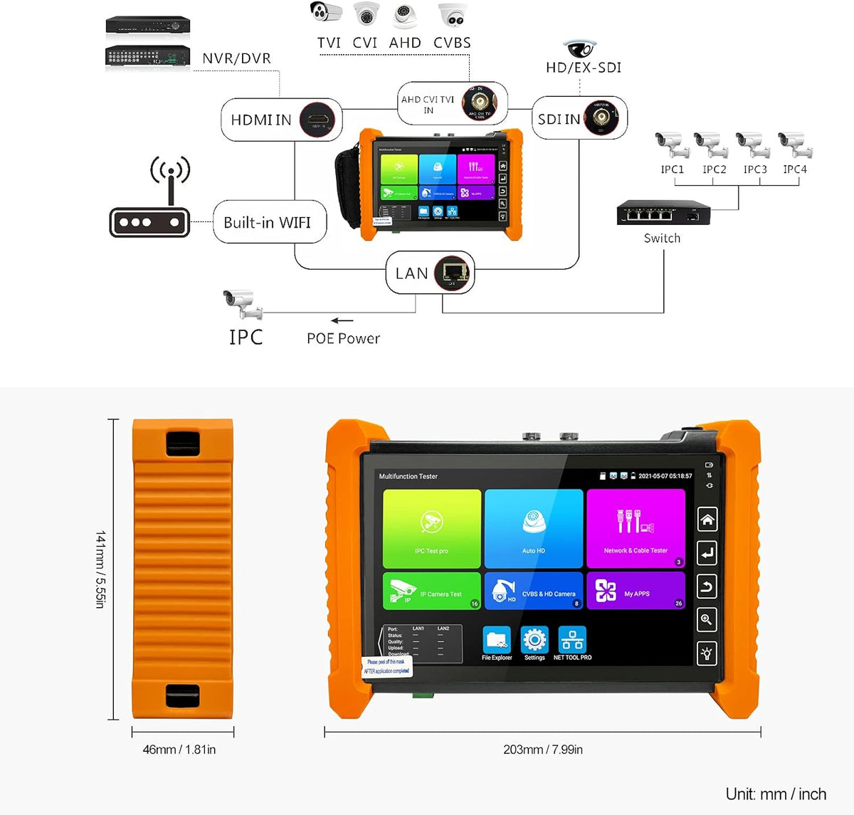 IP Camera Tester 8MP 7inch IPS Touch Screen POE WiFi 4K R603036