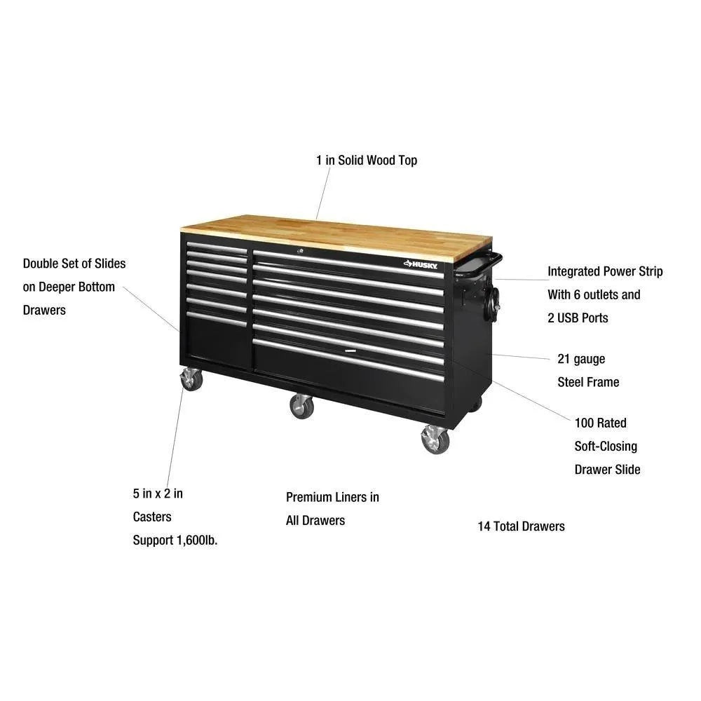 Black 14-Drawer Mobile Workbench with Solid Wood Top F488